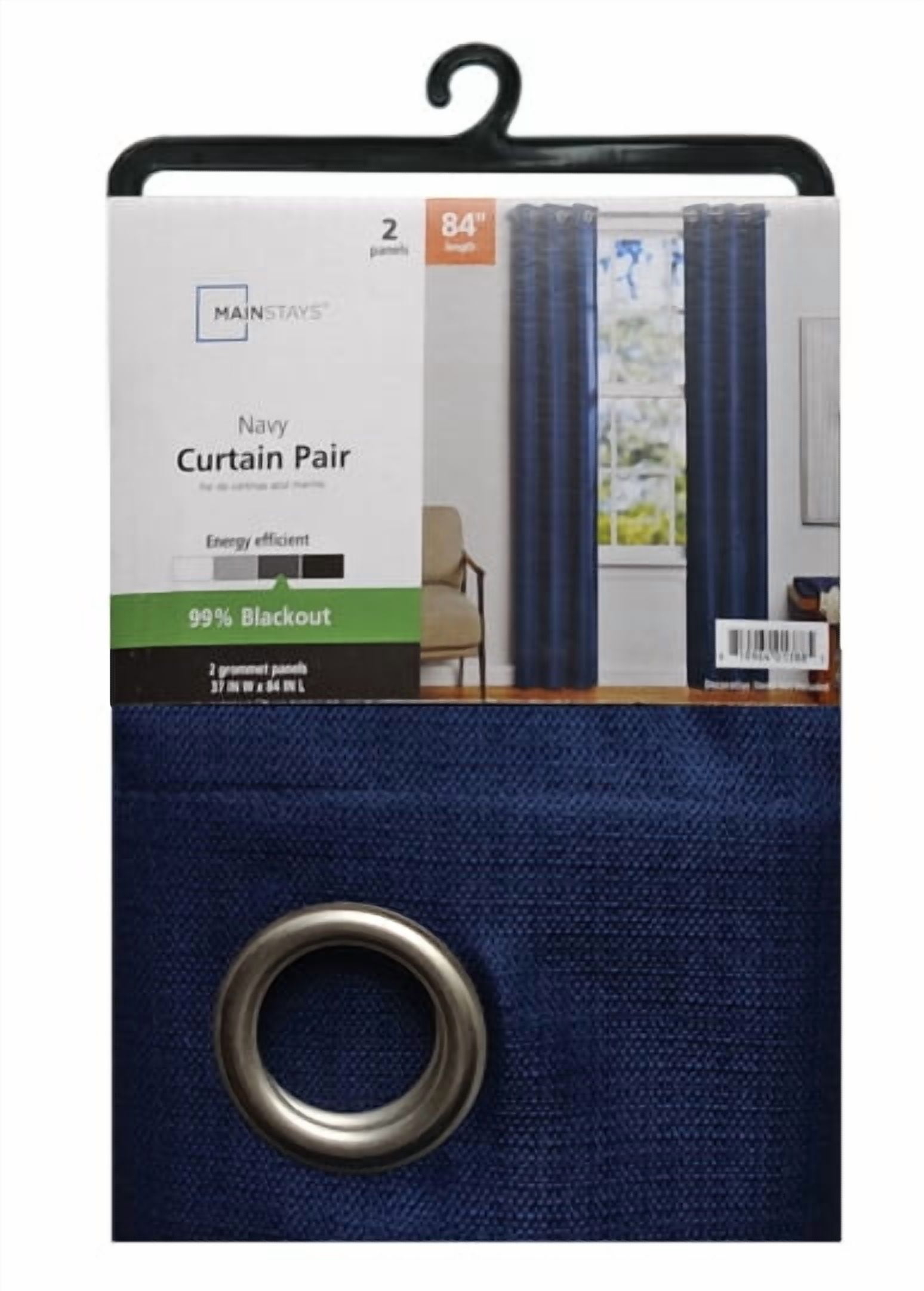 Mainstays Olan Navy Blackout Curtain Panel Pair, 2-Pack, Grommet Top, Textured Solid, 37" x 84", Room Darkening Drapes for Bedroom