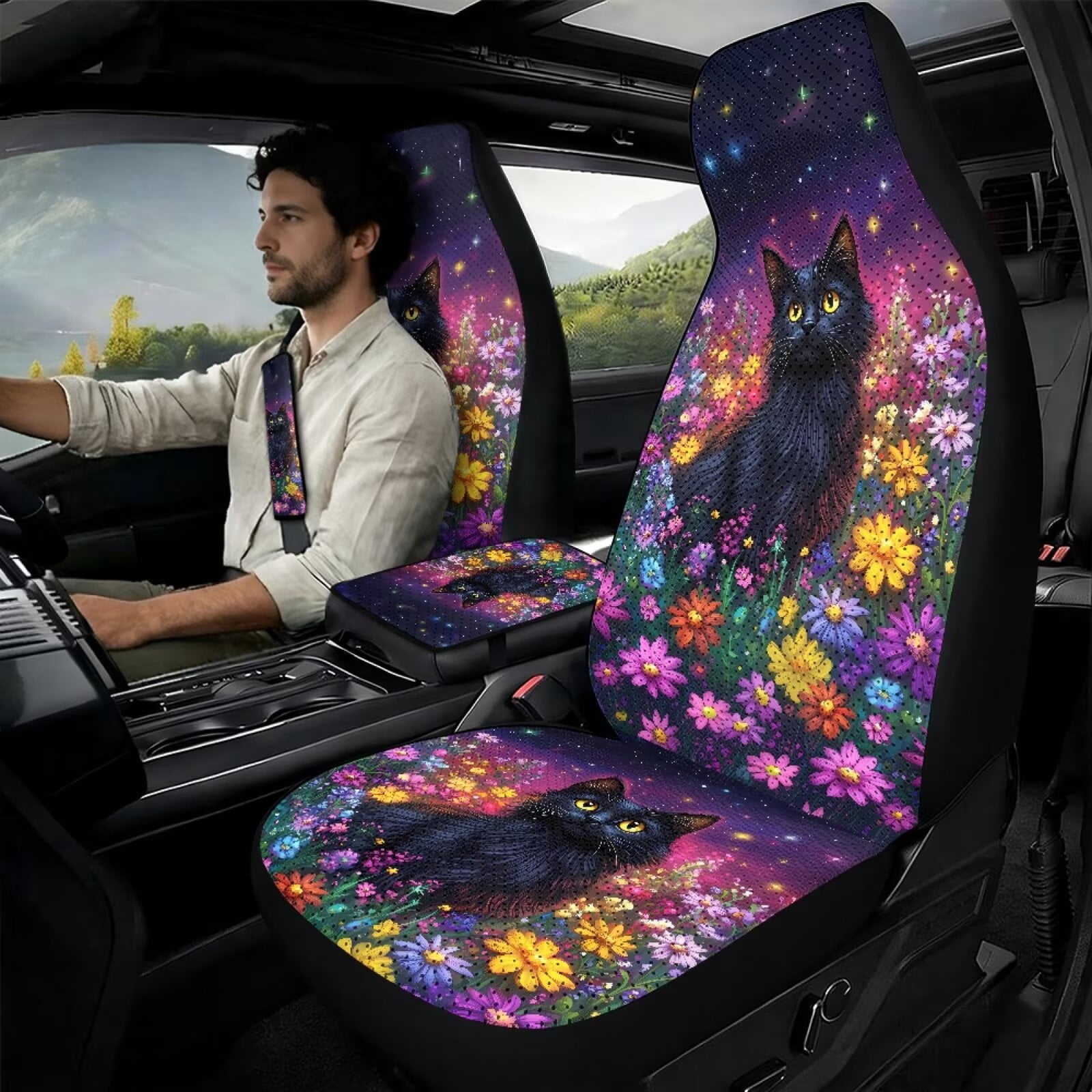 Xixirimido Car Seat Cover Set of 5 Pieces Front Seat Covers with Matching Seat Belt and Center Console Covers PU Leather Fits Most Vehicles, Black Cat Colorful Daisy