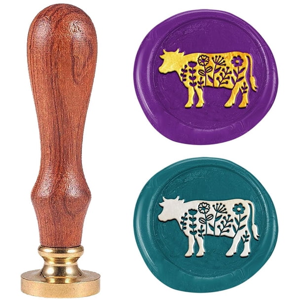 Sello de lacre con diseño de vaca y flores silvestres de 1 pulgada, sello vintage con cabeza de latón extraíble y mango de madera.