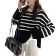 thumbnail image 5 of Chandail-Over Décontracté à Col Rond Style Paresseux Automne et Hiver pour Femmes Style Coréen Rayé Tricoté, 5 of 5