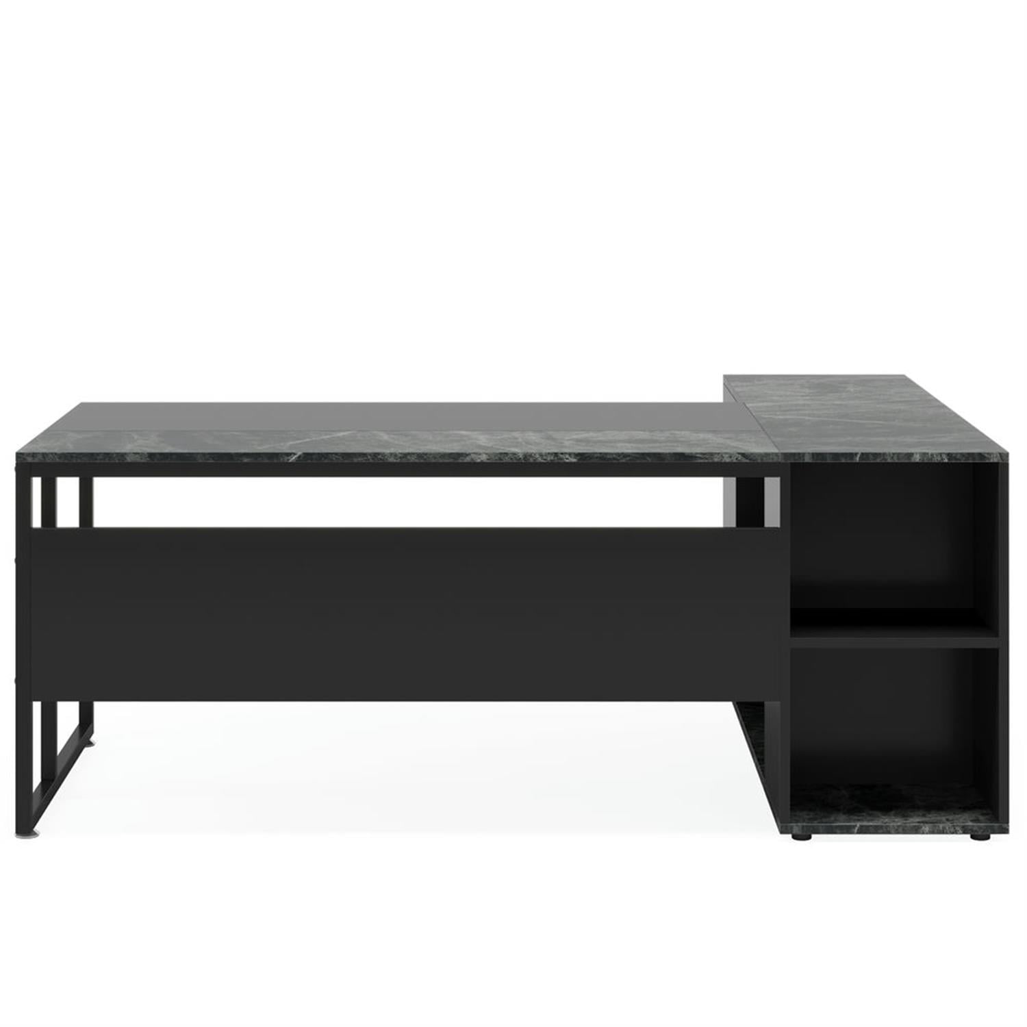 Demi Bonn Modern L Shaped Gaming Desk, 71" Executive Desk with Shelves and Lateral File Cabinet for Home Office, Black