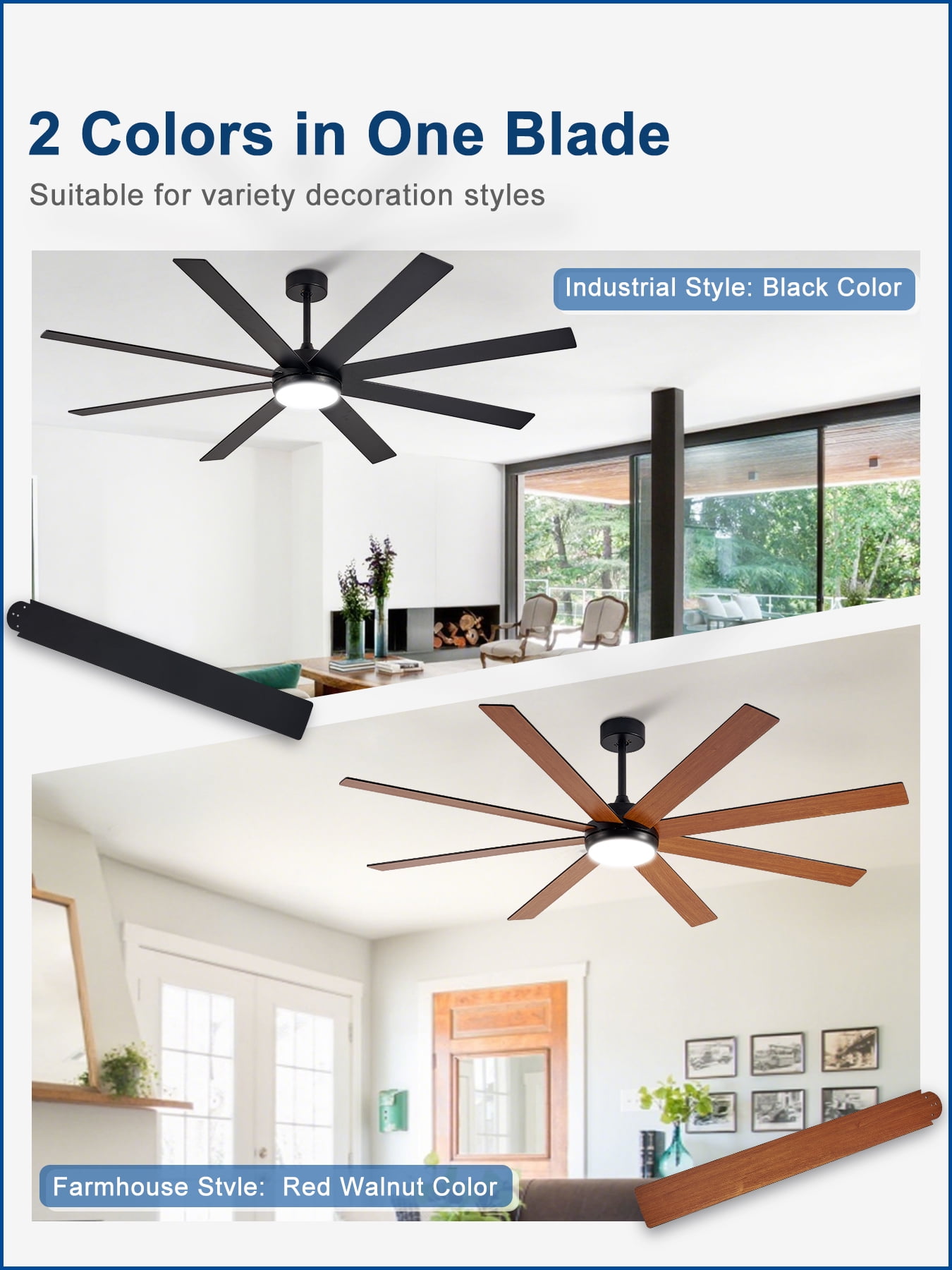 Depuley 72-Inch Indoor/Outdoor Ceiling Fan with Light - 8-Blade in Black Walnut, Remote & App Control, Dimmable 3CCT LED, Quiet DC Motor​