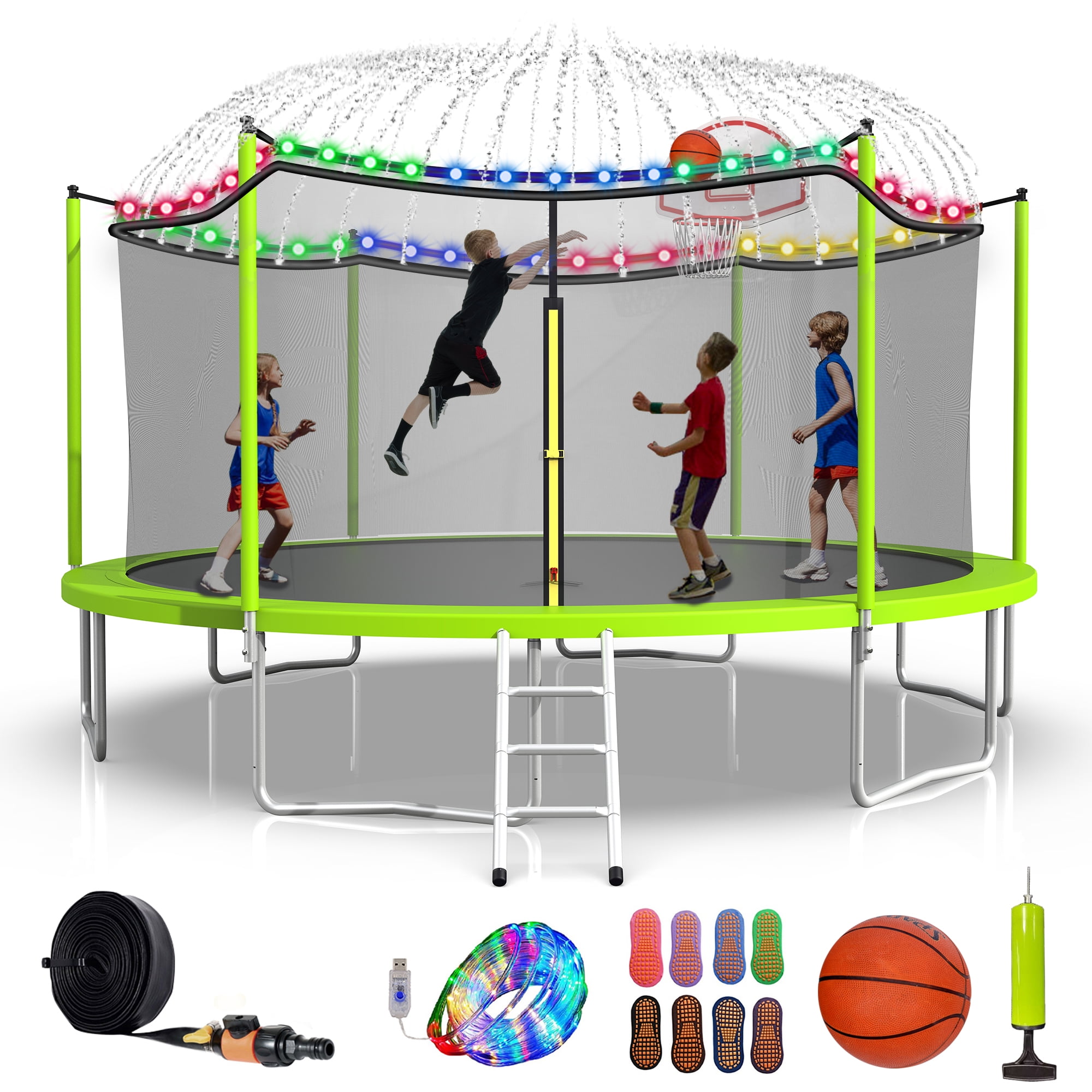 DreamBuck 16 FT Trampoline with Basketball Hoop【 Sprinkler, Light