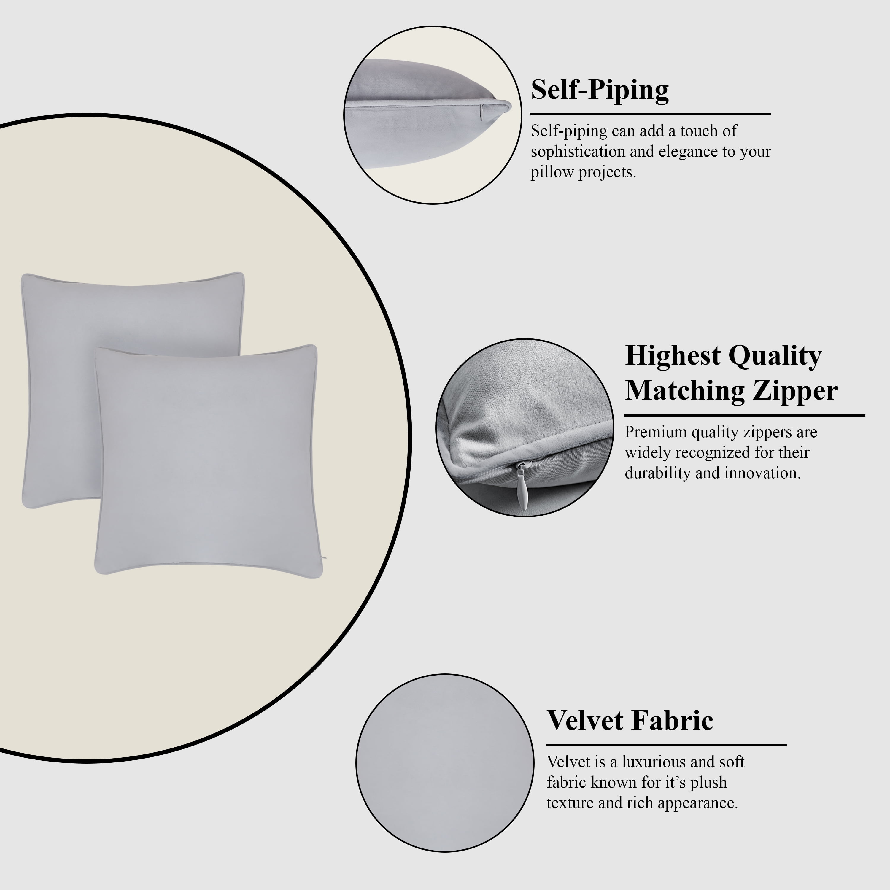 A1HC Set of 2 Luxurious Soft Velvet Throw Pillow Covers Only, 20"x20", Light Grey, Decorative Cushion Covers with Hidden YKK Zipper for Sofa or Bed
