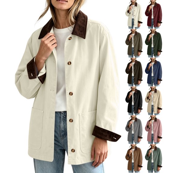 Corduroy Shacket for Women Long Sleeve Button Down Jacket with Contrast Collar & Pockets,Casual Fall Winter Coat