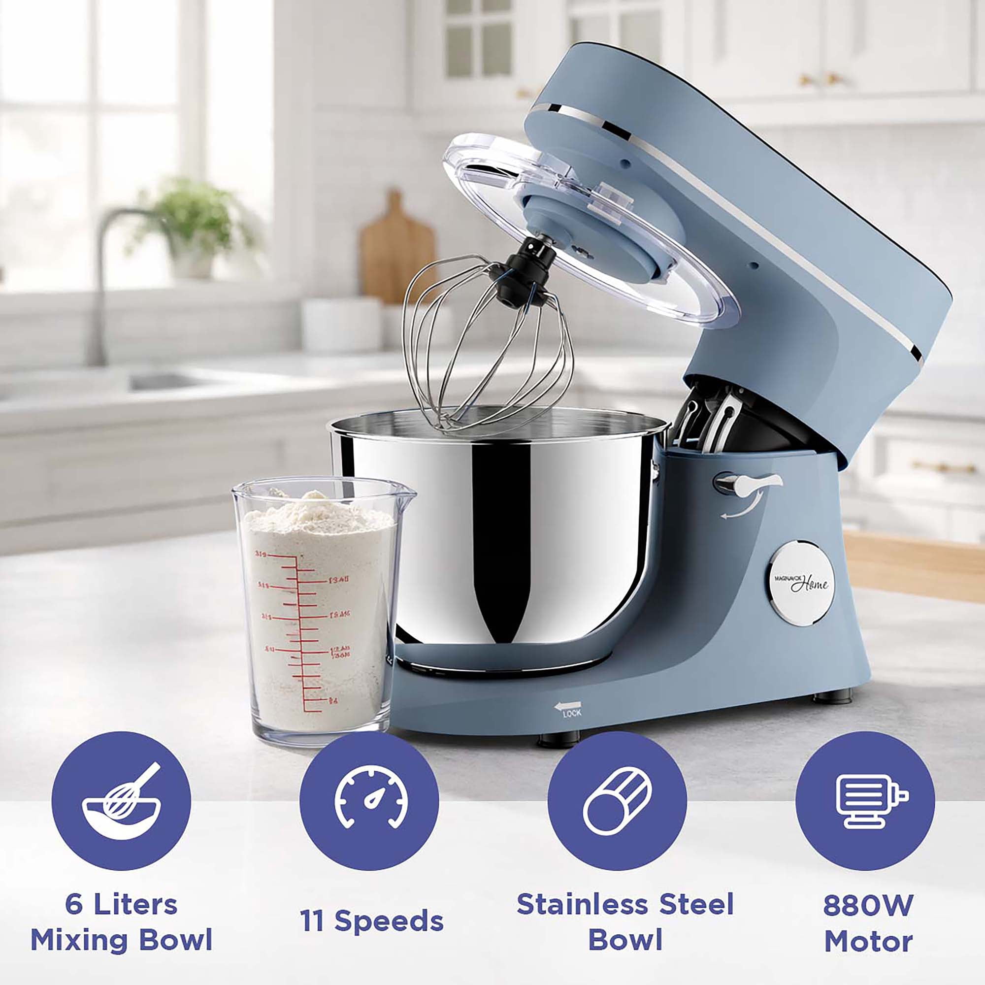 Magnavox 6.0L Digital Touch Screen Stand Mixer with Stainless Steel Bowl, 11-Speed, Tilt-Head, Planetary Mixing, 660W Motor, Dough Hook, Beater, Whisk, Bowl Cover