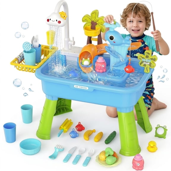Taotique 4 in 1 Water Table for Toddlers 1-3, Summer Showers Splash Tower Outdoor Toys for Kids Ages 4-8 with Pump, 43Pcs Kitchen Play Sink Toys for Girl Boy Age 3  (Blue)