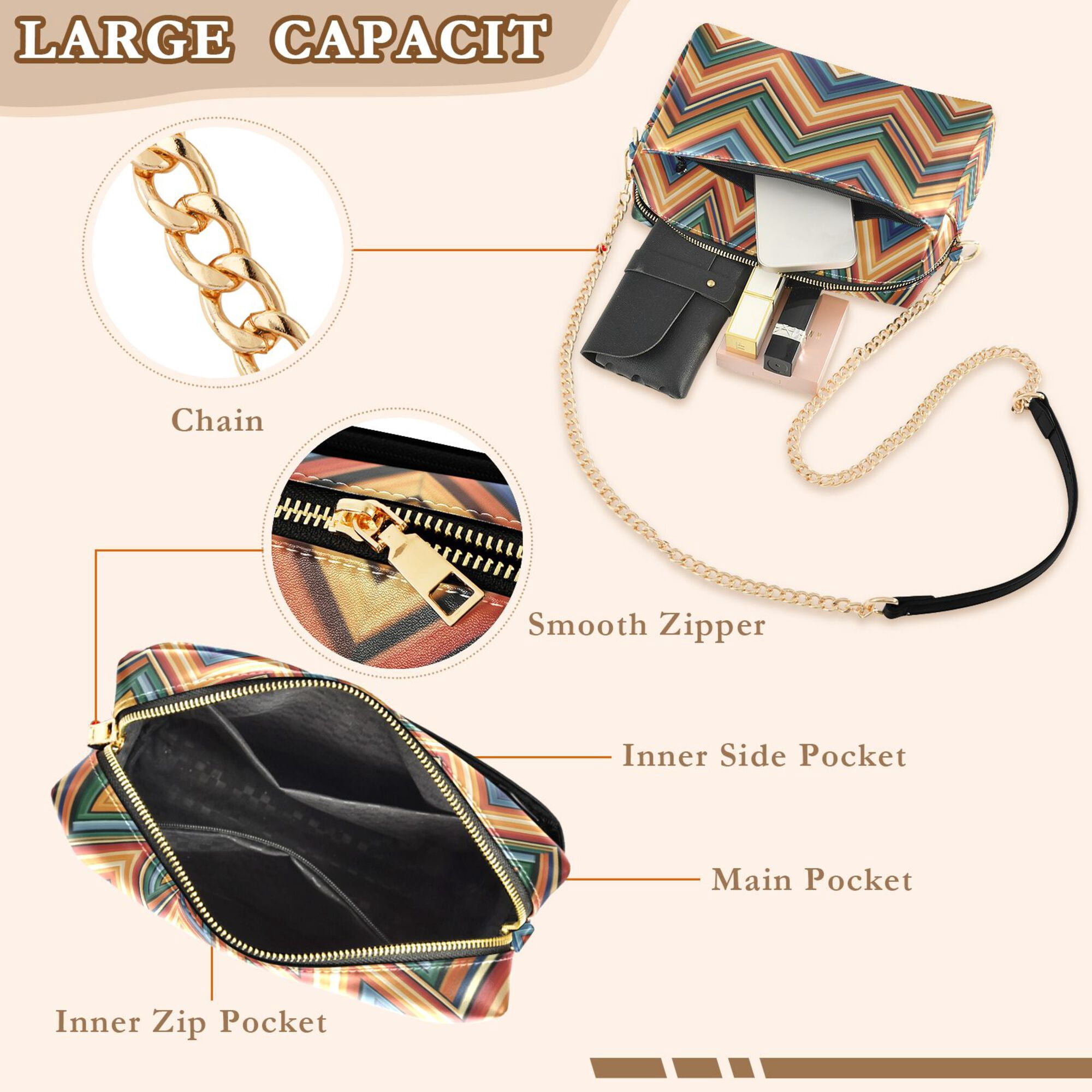 FORMRS Women Crossbody Purse with Chain Strap Vegan Leather Shoulder Handbag, Orange Geometric