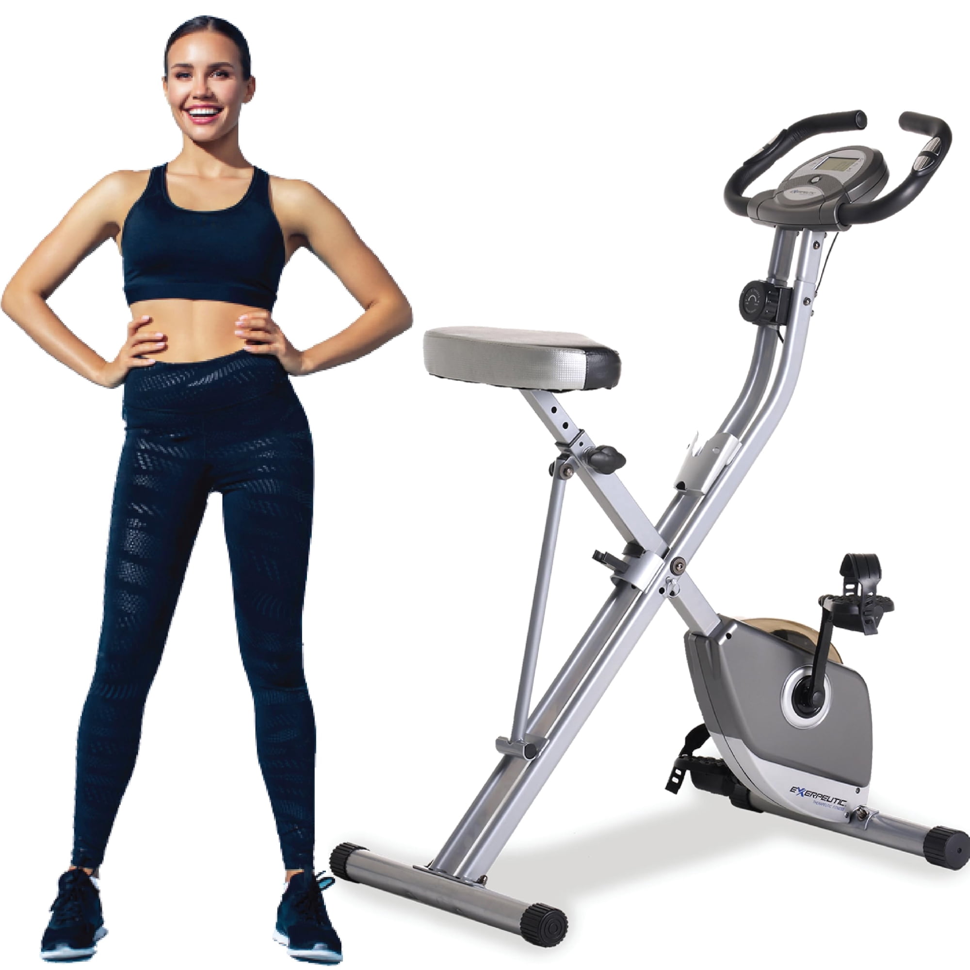 Foldable Exercise Bike, 8 levels of Resistance Stationary Bicycle with Airsoft Seat, LCD Display to Track Distance, Calories, Time and Speed