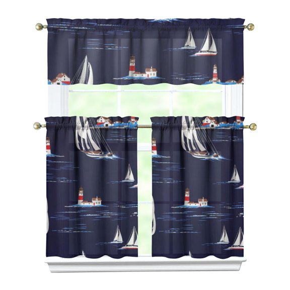 Kitchen Curtains 36 Inch Short - 3 Panel Set, Nautical Anchor Lighthouse Coastal Design, Rod Pocket Window Curtain for Beach House, Marine Ocean Wave Pattern, Easy Wash