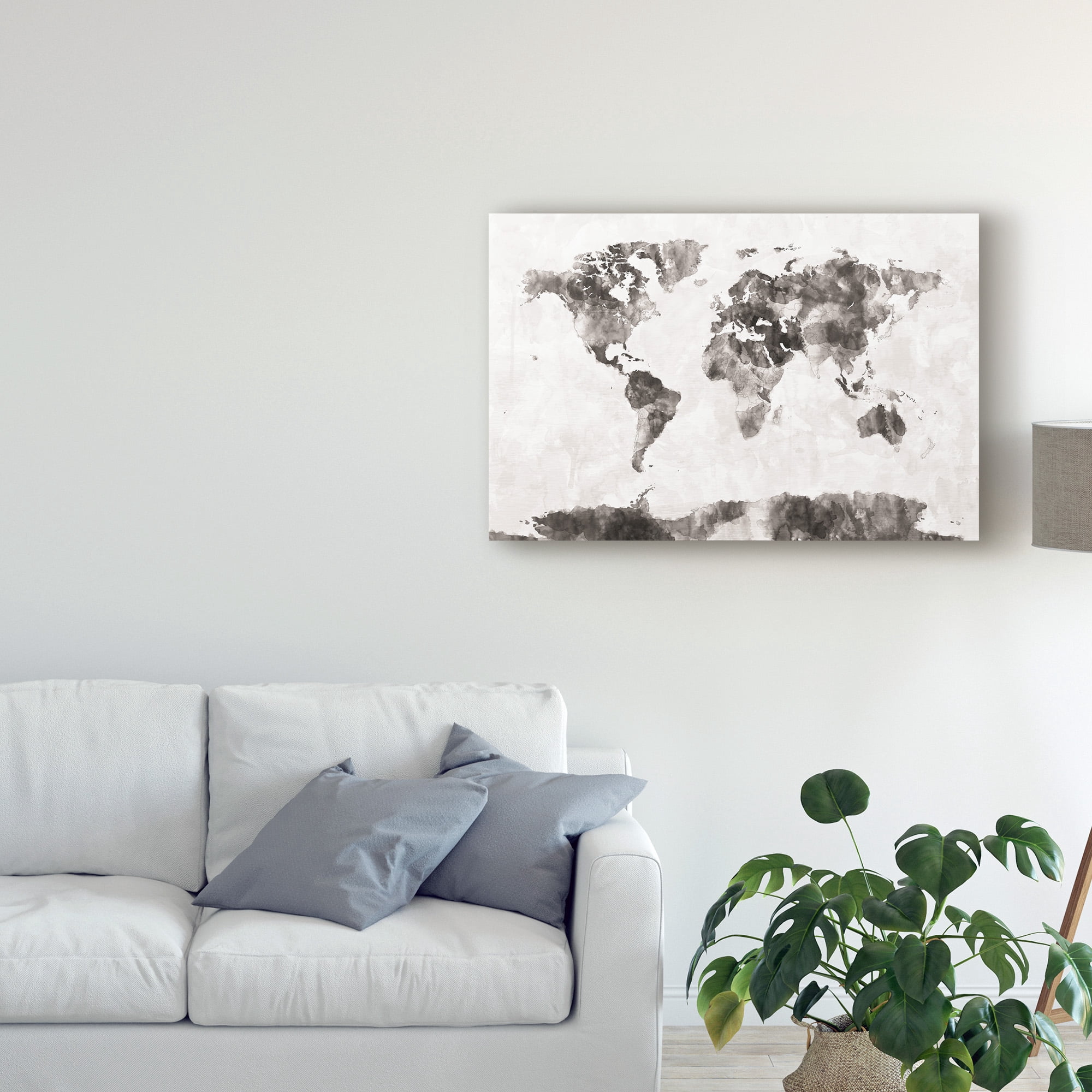 Trademark Fine Art 'Watercolor Map of the World Map Gray' Canvas Art by Michael Tompsett