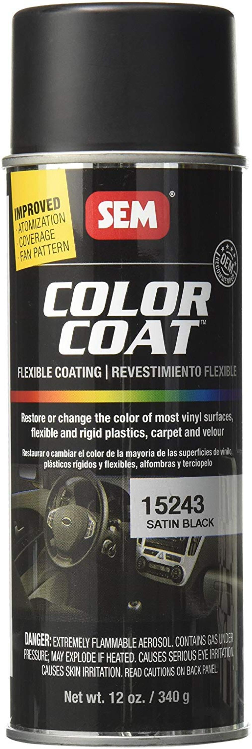 SEM Paints SEM15243 Satin Black Color Coat Aerosol, Excellent for vinyl