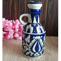 India Meets India Ceramic Bottle/Jug/Jar/Oil Dispenser [Blue] Ceramic Storage Bottle for Oil, Vinegar, Sauces, Ketchups, Ceramic Bottle w/ Lid, 16 OZ (500 ML)
