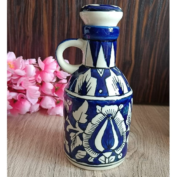 India Meets India Ceramic Bottle/Jug/Jar/Oil Dispenser [Blue] Ceramic Storage Bottle for Oil, Vinegar, Sauces, Ketchups, Ceramic Bottle w/ Lid, 16 OZ (500 ML)