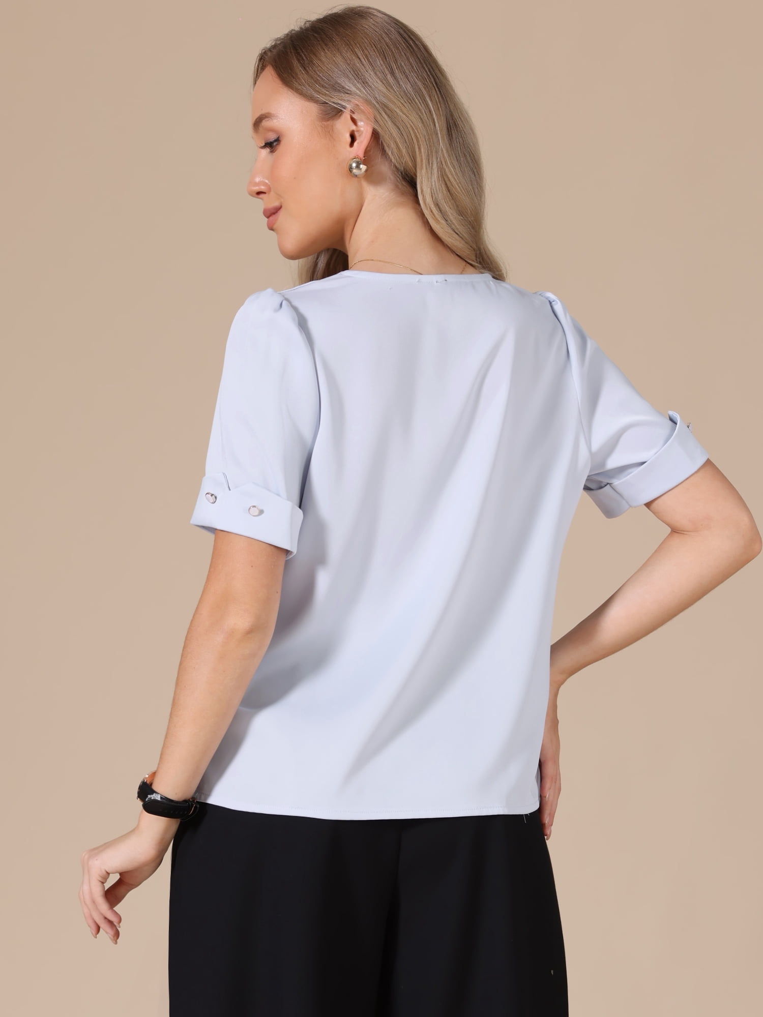 DARING DIVA Women's Satin Blouse V Neck Short Sleeve Business Work Shirt M Light Blue