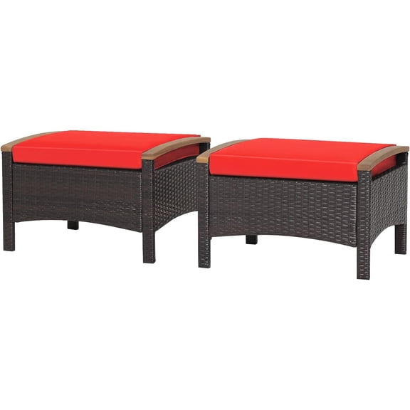 RELAX4LIFE Outdoor Wicker Ottomans for Patio - 2 Pieces PE Rattan Ottoman, Footrest Seat with Zippered Cushions, Acacia Wood Handles, 3-in-1 Footstool, Side Table for Poolside, Backyard (Red)