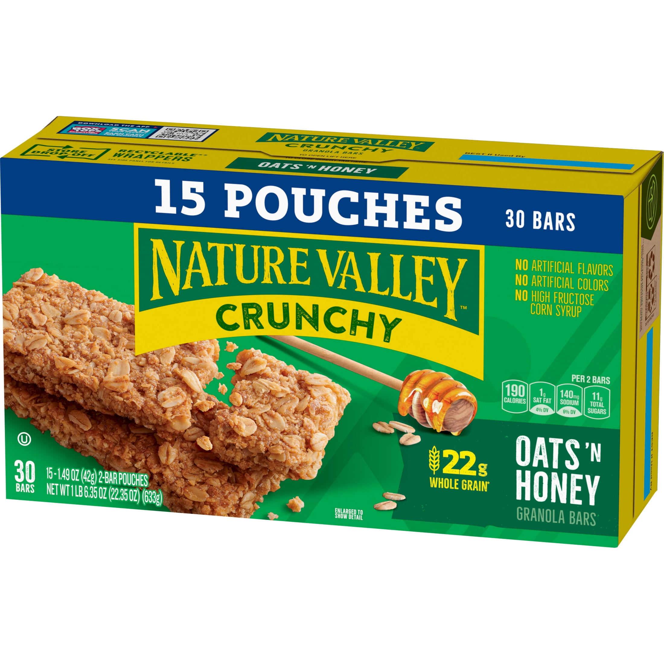 (6 pack) Nature Valley Crunchy Granola Bars, Oats 'n Honey, 30 Count, 22.35 oz (15 Pouches)