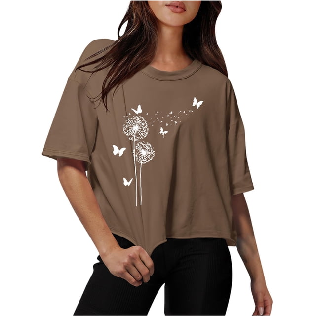 Women Drop Shoulder Round Neck Oversized Crop Tops Workout Tops Tees