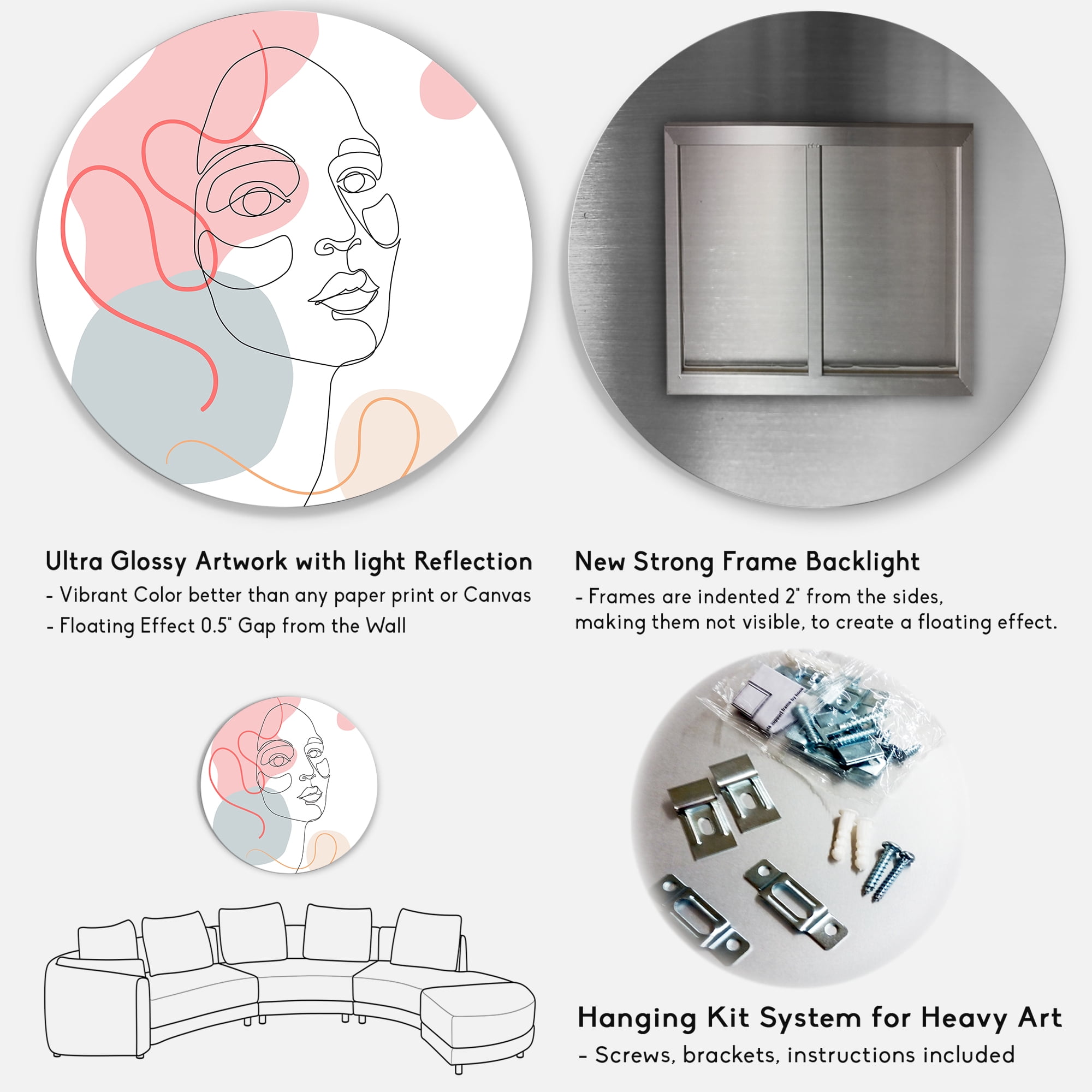 Designart 'One Line Drawing of Young Girl In Pastel Tones' Modern Circle Metal Wall Art 36x36 - Disc of 36