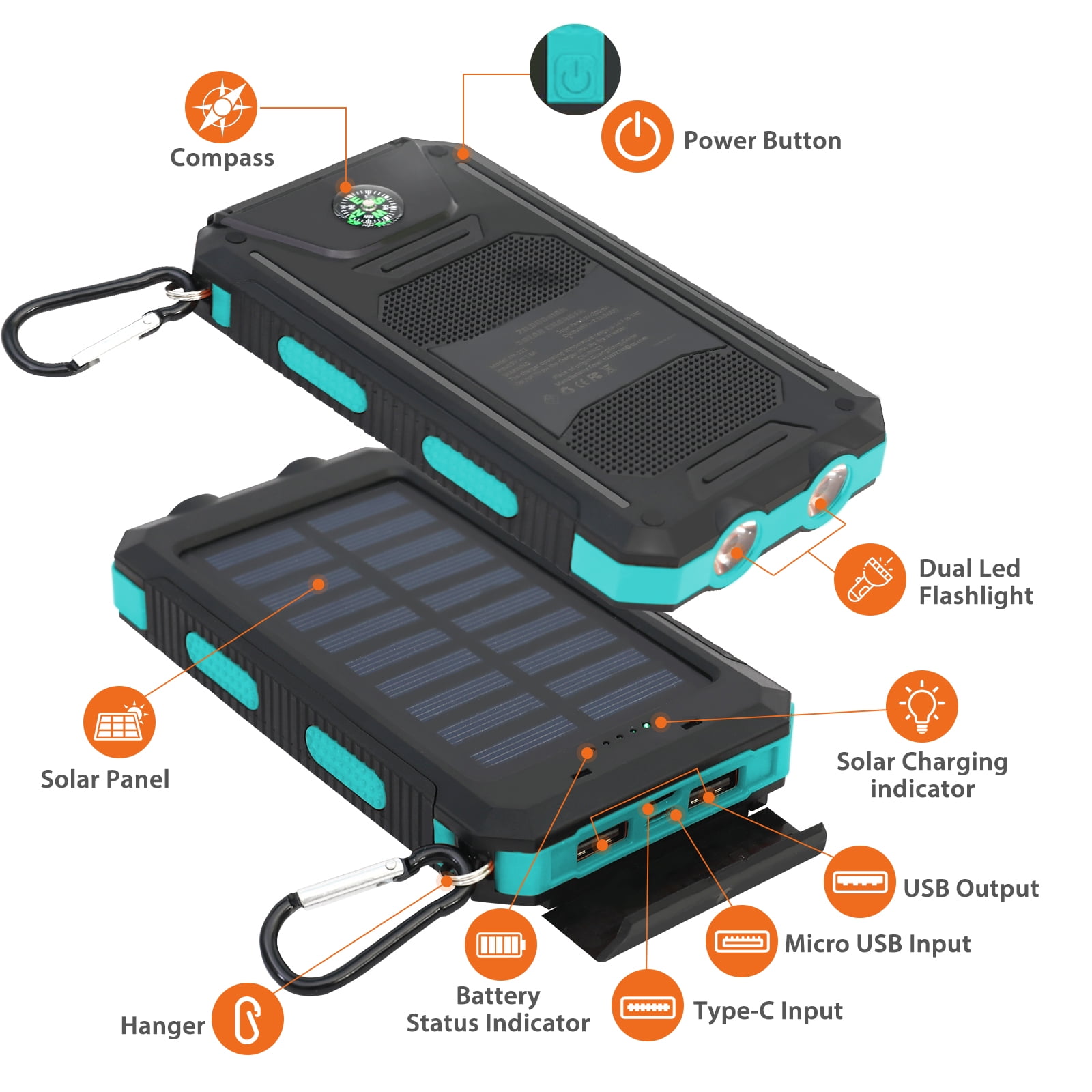 BAOKALER Solar Power Bank, Portable Charger, 20000mAh Solar Charger with LED Flashlight, IP65 Waterproof External Backup Battery Pack Perfect for Camping, Outdoor Activities（Blue）