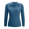 thumbnail image 4 of Plus Size Women's Ribbed Knit Polo Shirt Slim Fit Stretchy Long Sleeve V Neck Lapel Solid Color Sweater Lightweight Casual Office Tops Blue M, 4 of 5