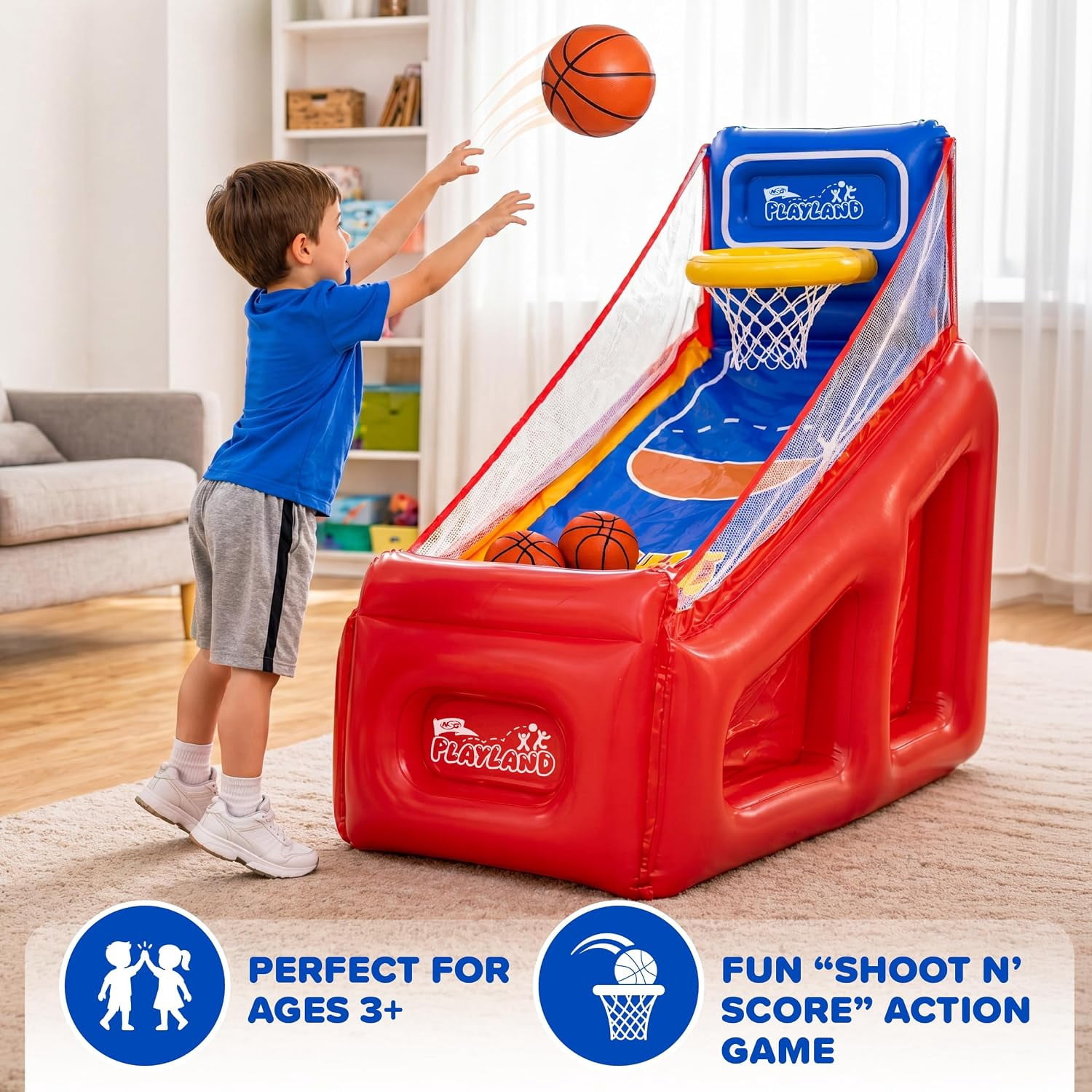 NSG PlayLand Shoot 'N' Score Inflatable Basketball Game for Kids Ages 3+ | Indoor & Outdoor Arcade Basketball Set with Hoop, 3 Balls & Pumps | Family Party Sports Toy