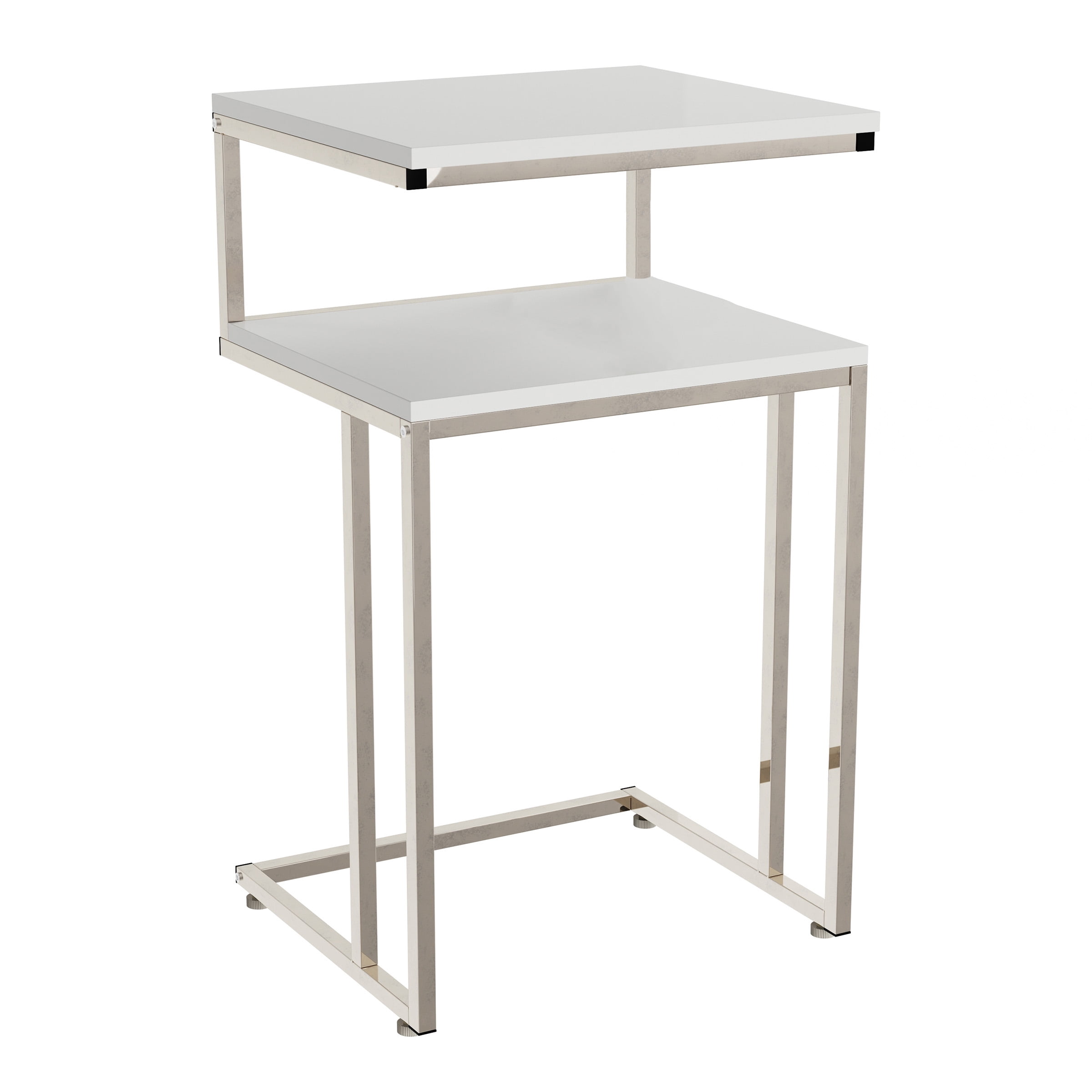 Lavish Home 2-Tier C-Shaped Side Table with Chrome Metal Finish (White)