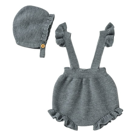 

ZHUASHUM Girls Strap Solid Knitted Ruffles Sweater Baby Jumpsuit Romper With Hat Outfits Clothes Set