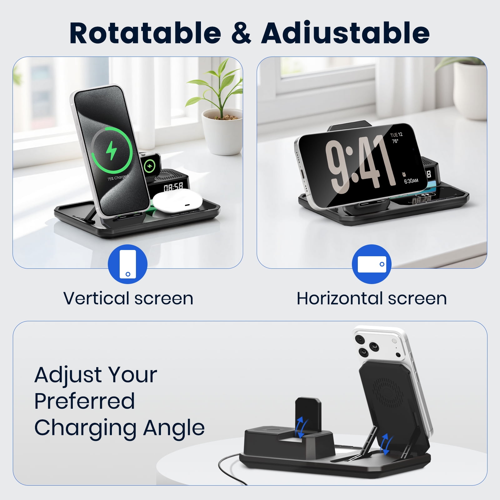 Wireless Charger for iPhone 17 16 15 14 13 12, 6 in 1 Charging Station for iWatch Series, for AirPods 4 3 2, with Clock, Bluetooth, Ambient Light