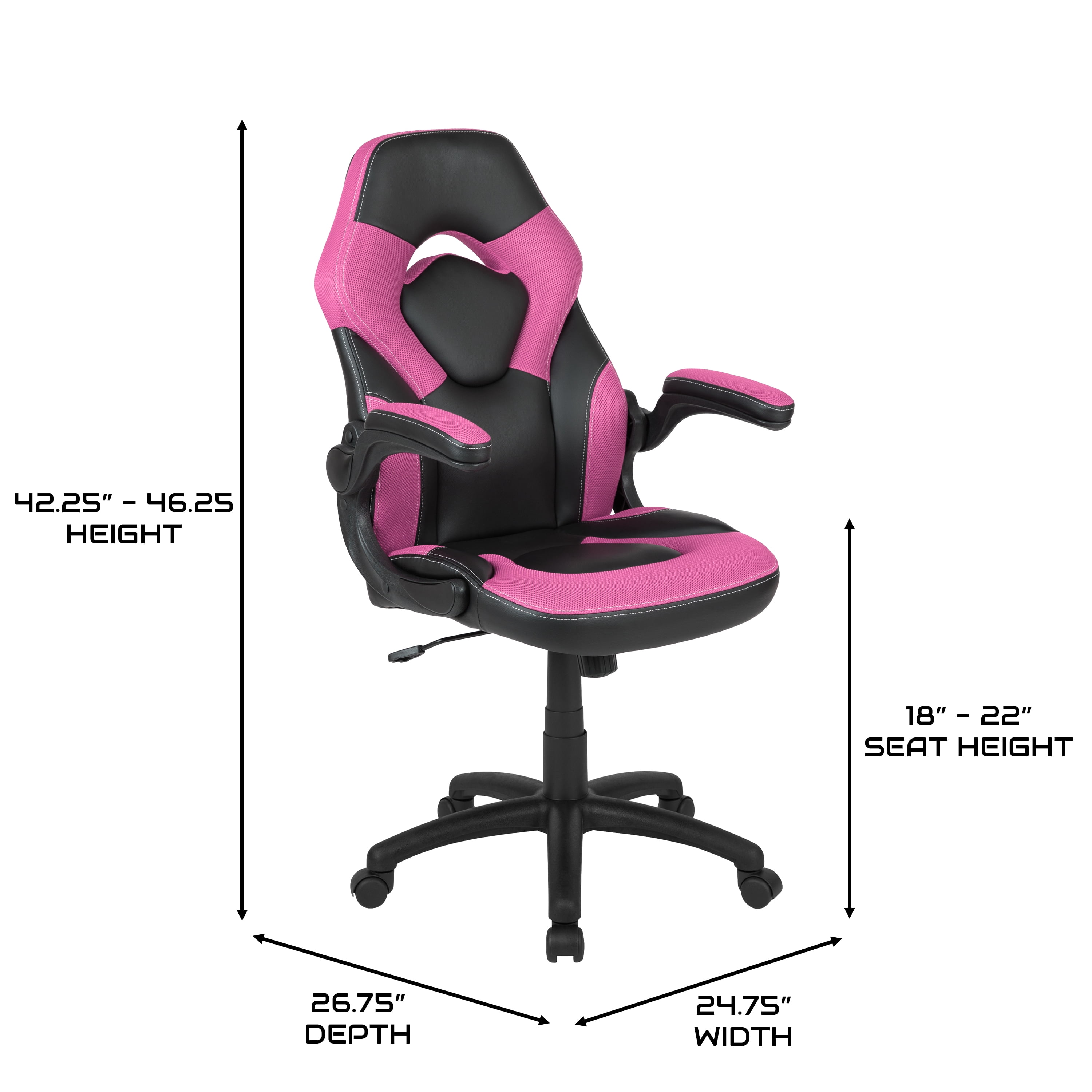 BlackArc High Back Gaming Chair, Faux Leather, Adjustable Swivel Seat, Flip-Up Arms, Pink