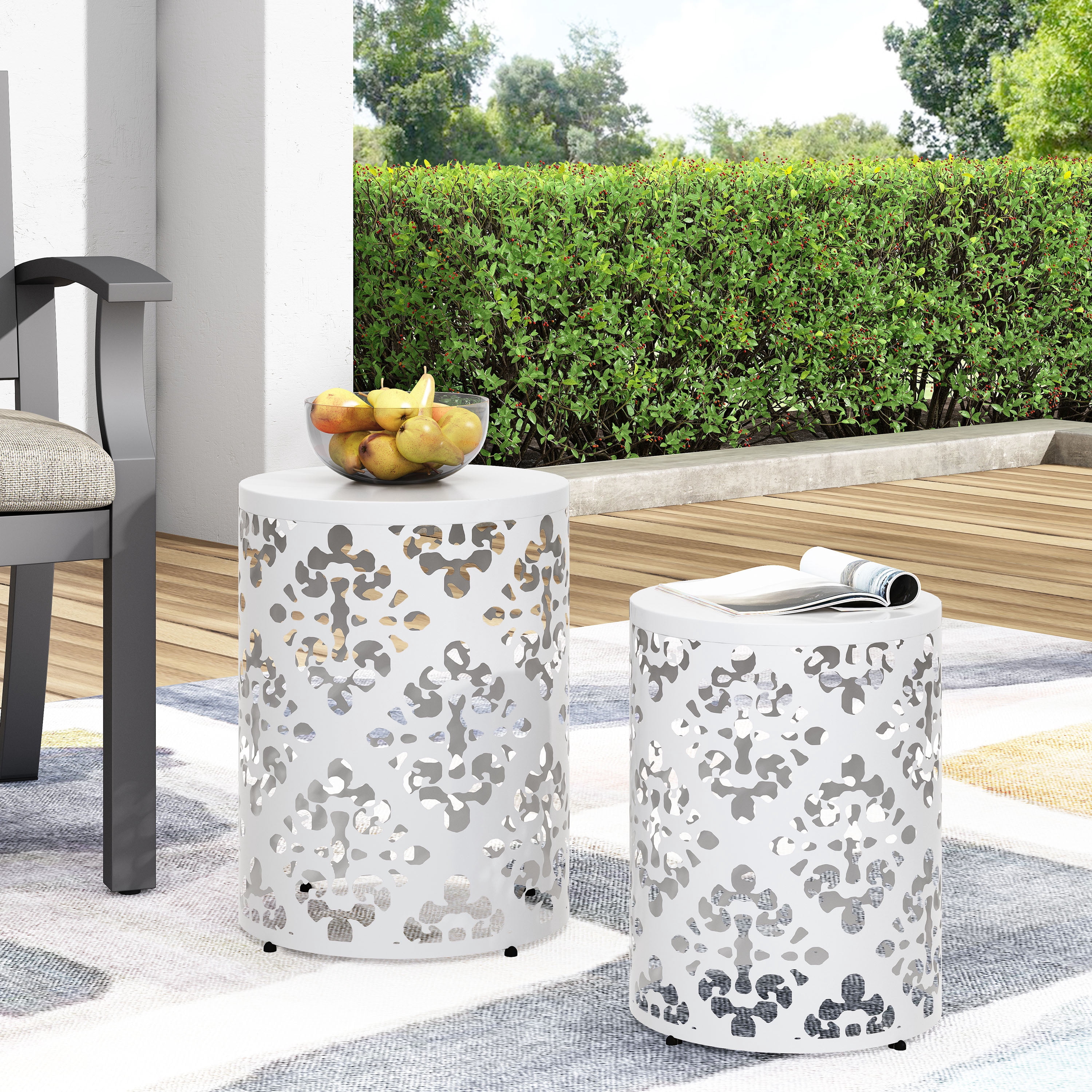 Outdoor Nesting Side Table Set of 2, Cylindrical Floral Pattern Structure for Patio Garden, White