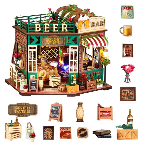 WLBES 3D Wooden Puzzle Book Nook Kit for Adults, DIY Miniature Tavern House Model Kit, Cute Book Nooks for Bookshelf, Home Decor & Craft Hobby