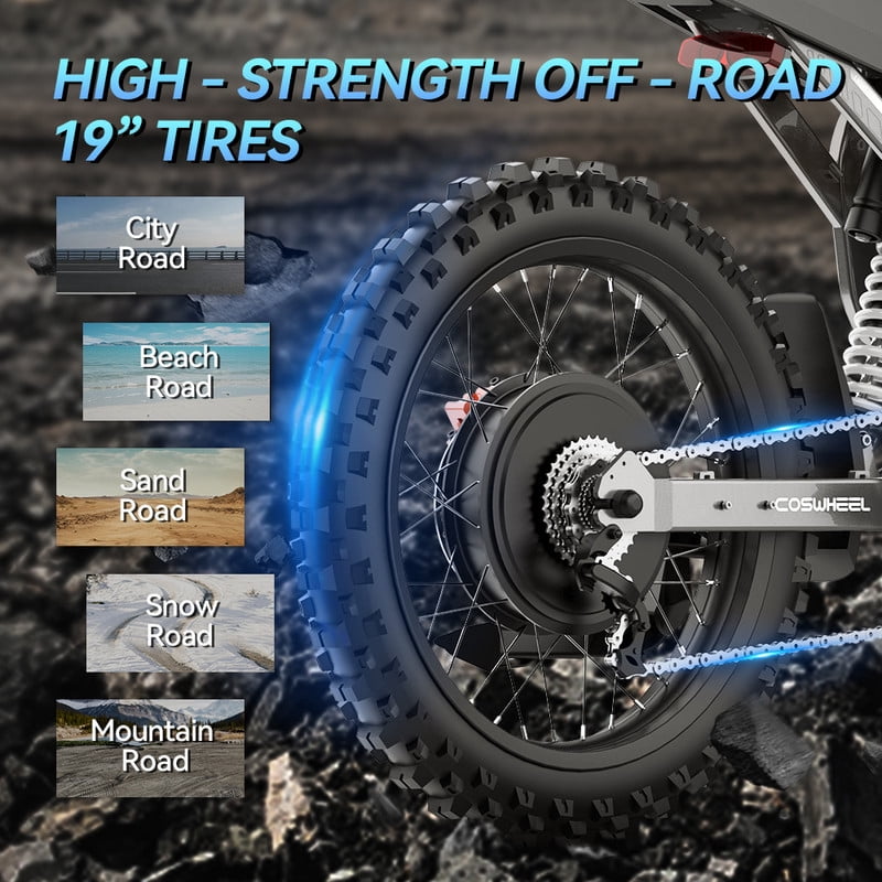 Electric Dirt Bike 6000W Peak 72V Motor, 40Ah Battery, 46 MPH, 120N.m Torque, 40° Climbing, Fat Tire Off Road Electric Bike