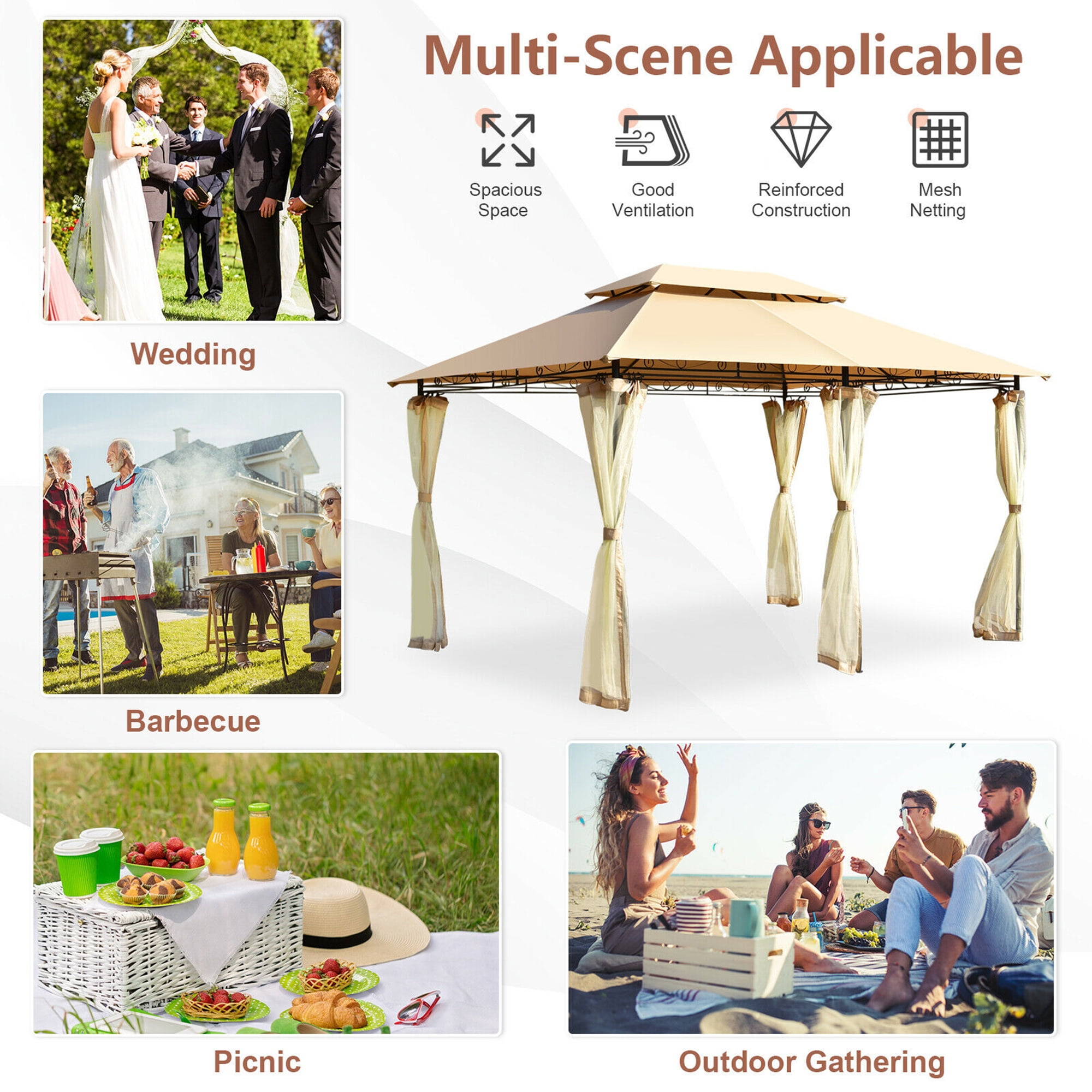 Gymax 2-Tier 10'x13' Steel Gazebo Canopy Tent Shelter Patio Garden Outdoor Netting Tan