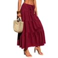 thumbnail image 2 of Women Solid High Waist Tiered Pleated A-Line Maxi Cake Skirt Wine Red S, 2 of 7