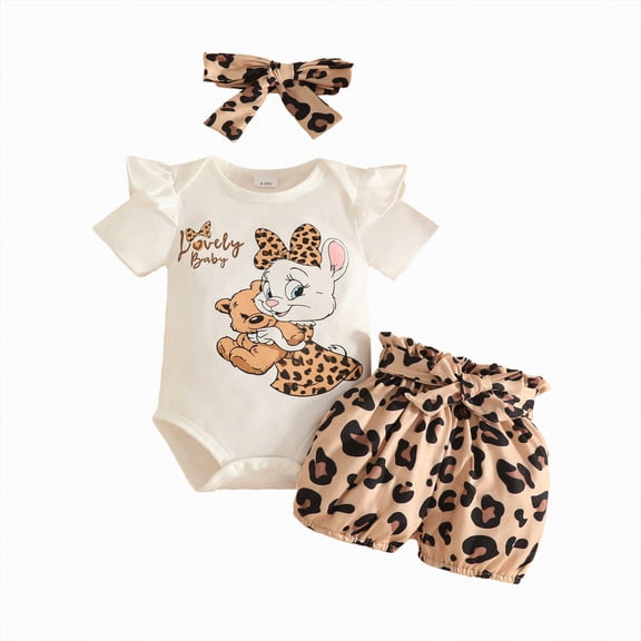 CAICJ98 Newborn Baby Girls Clothes Summer Outfits Short Sleeve Romper Bow Leopard Print Shorts with Headband (White,3-6 Months)