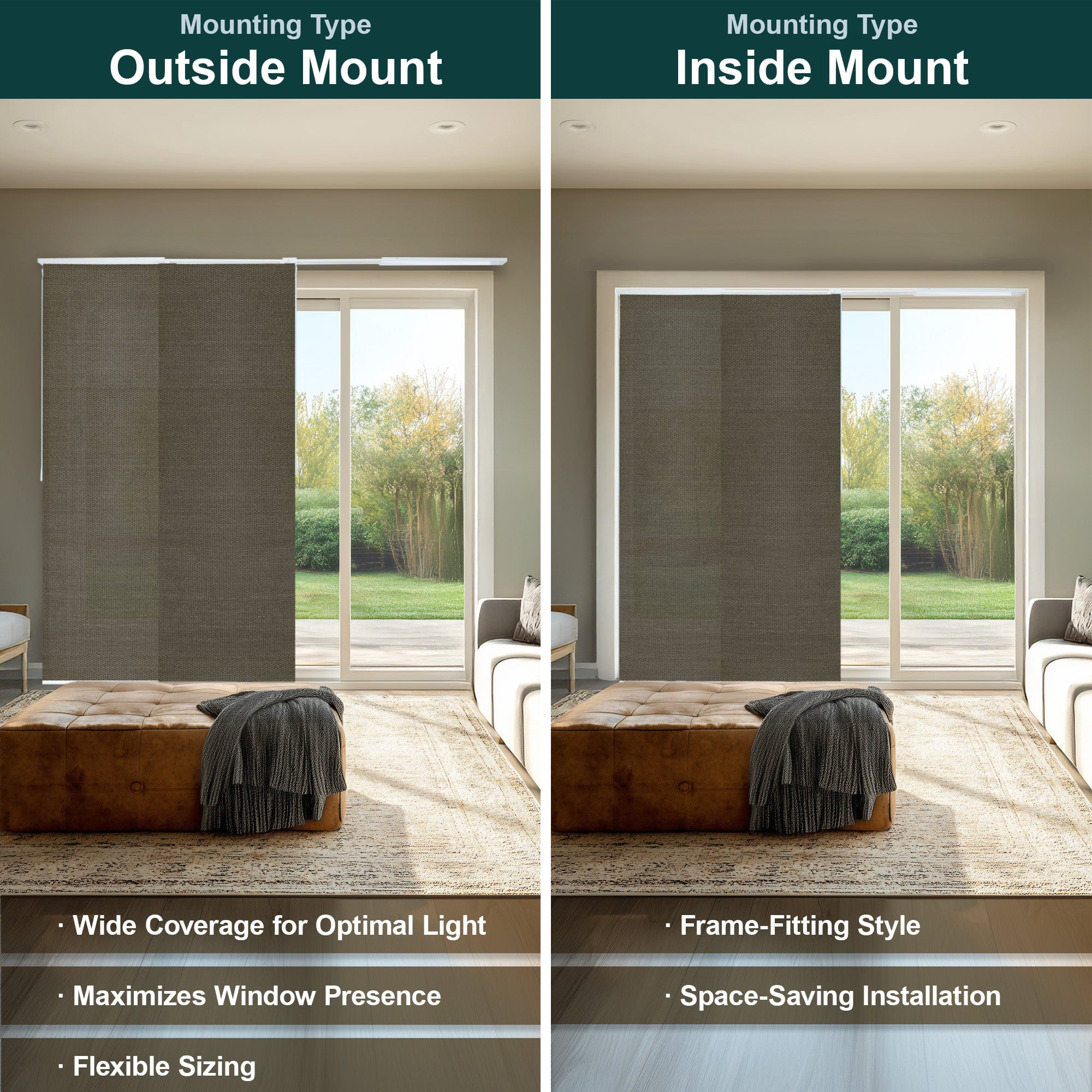 Chicology Adjustable Sliding Panel Blinds. Woven Oolong, 46"-86"W X 0"-96"H