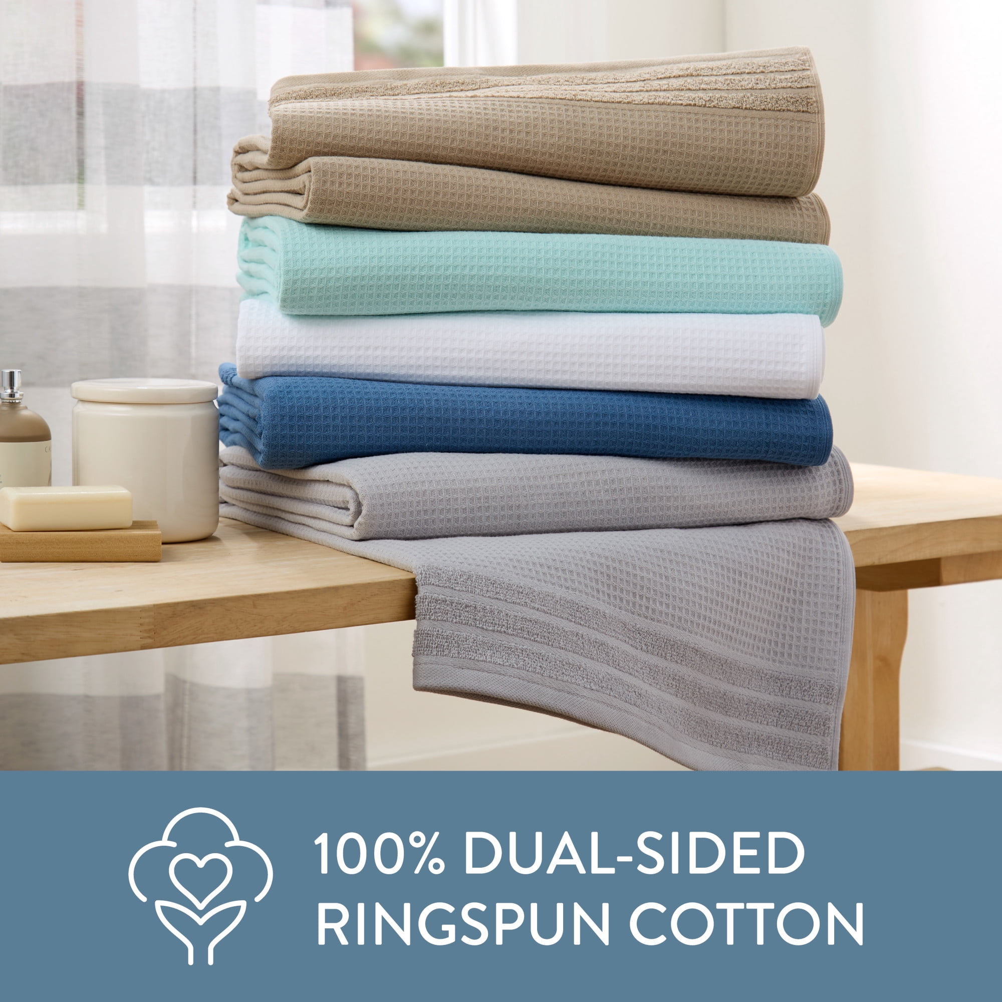 TOWN & COUNTRY BASICS 4-Piece Waffle Woven Terry Stripe Bath Towel Set, 30x56-Inch, 100% Cotton, Quick Dry, Aqua