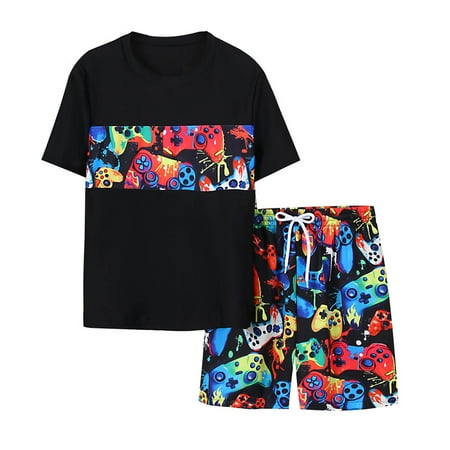 RUTAYY Kids Boys Swimsuits Game Console Print Set: Quck Dry Short Sleeve Rash Guard Board Shorts With Upf50+ Beach Hawaii Swim Black 7-8 Years