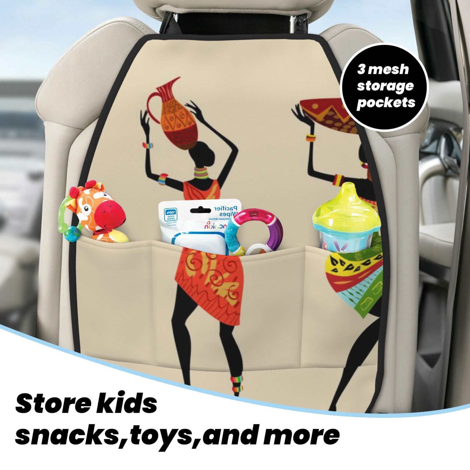 Kdxio African Women Print 2 Pack Car Kick Mat Seat Cover Back Protector Mat with Pockets for Organizer Backseat Protector and Storage Anti Kick Pad for Vehicles