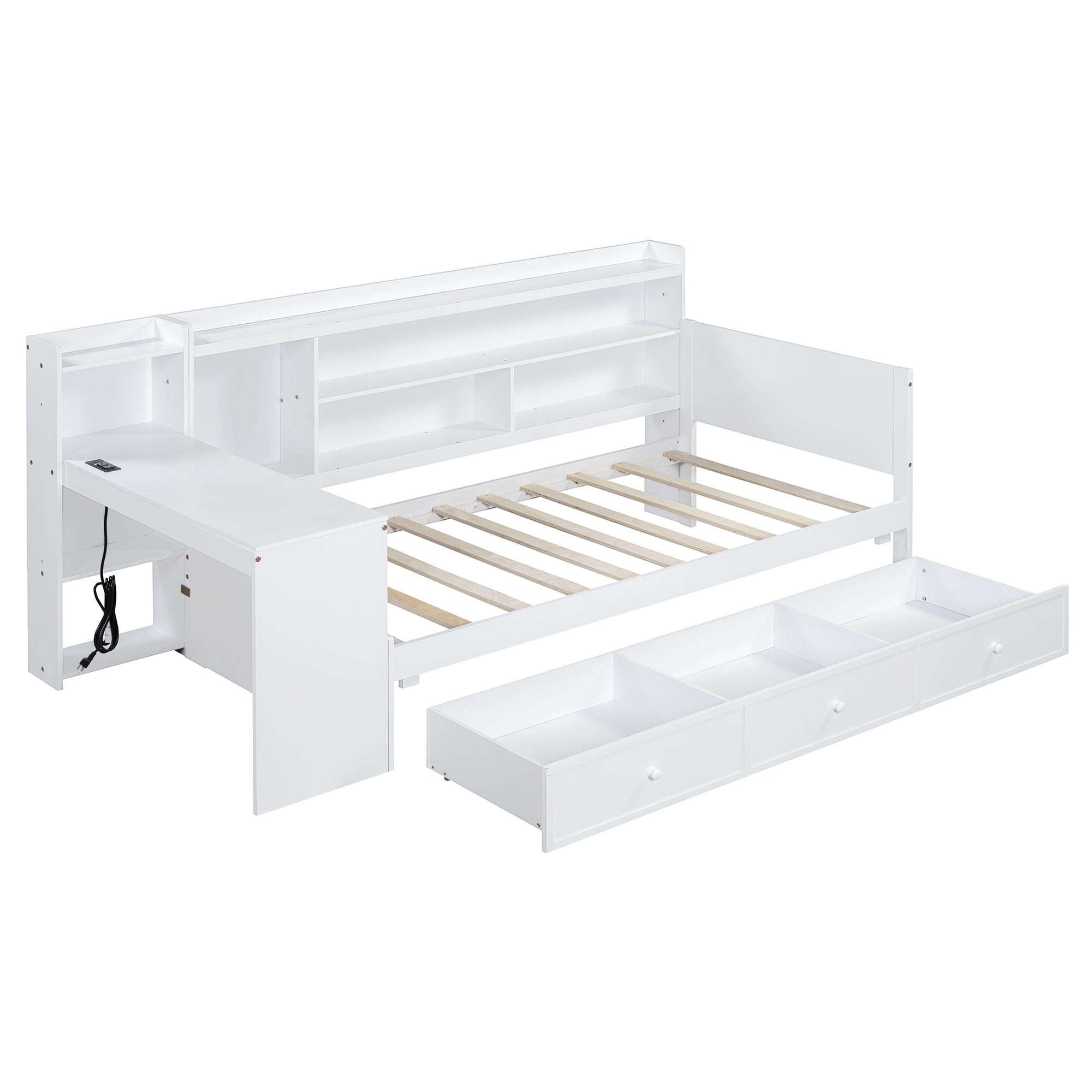 Mintazer Twin Platform Bed with Desk & Charging Ports, Wooden Bed Frame with Storage Shelves & 3 Drawers for Bedroom Playroom Guest Room, White
