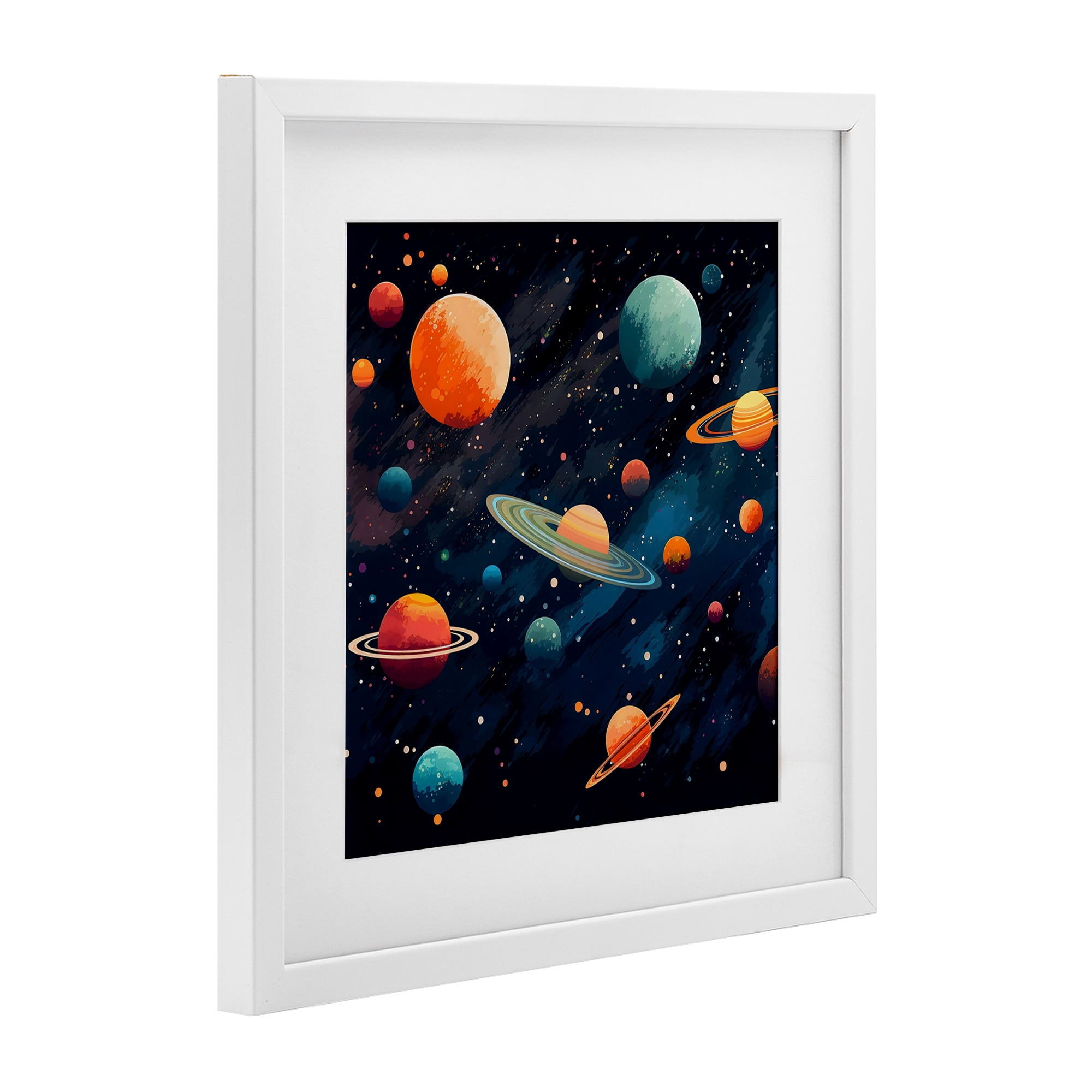 Stupell Industries Orange & Blue Planets in Orbit White Framed Print Under Glass, design by Creative Studio