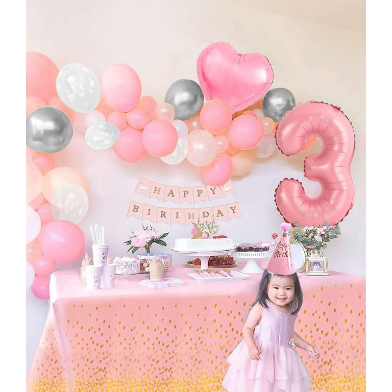 AOWEE Year Old Girl Pink Birthday Decoration, Baby Girl 3th
