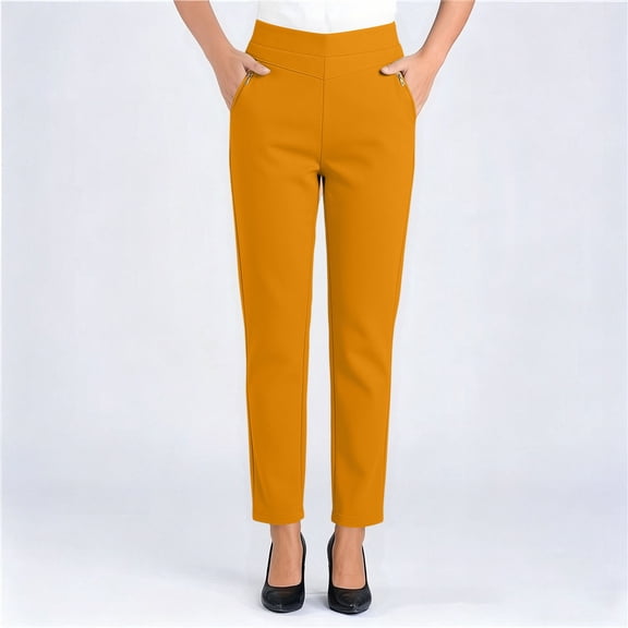 Cagogo Women's High Waisted Ankle Pants Plus Size with Pockets Wide Leg Elegant Office Trousers Casual Summer Work Trousers, Yellow XL