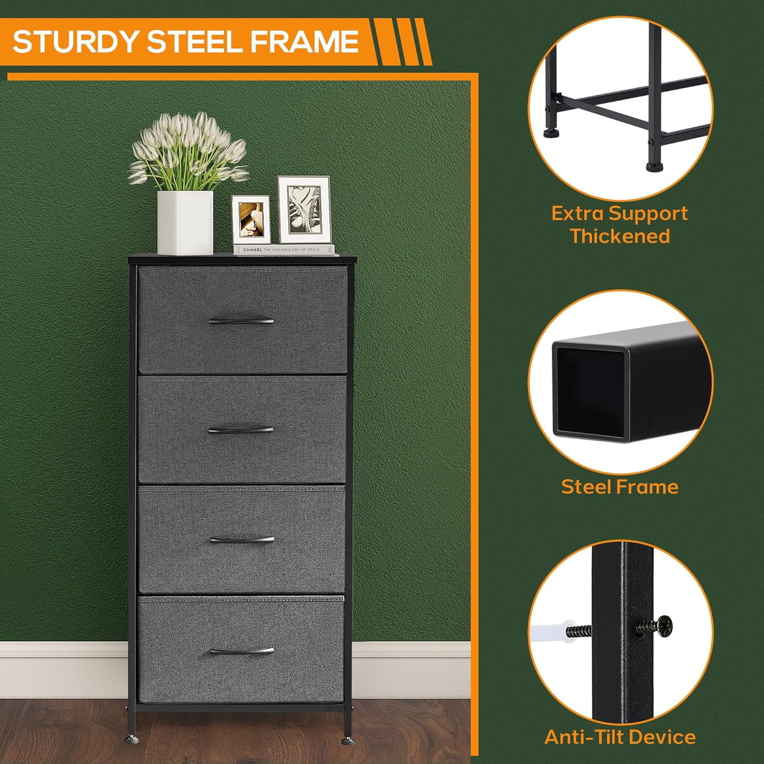 4 Drawer Dresser, Tall Chest Of Drawers Nightstand Storage Tower Storage Dresser Fabric Dresser With Wood Top for Living Room, Bedroom, Hallway,Grey