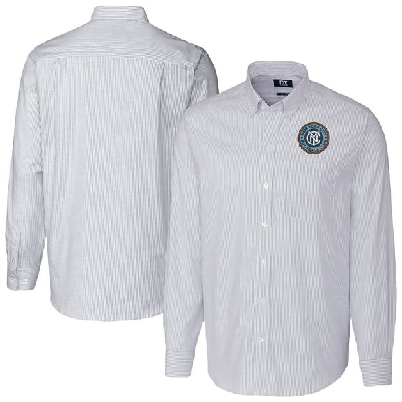 Men's-Cutter & Buck  Light Blue New York City FC Big & Tall Stretch Oxford Stripe Tri-Blend Long Sleeve Dress Shirt