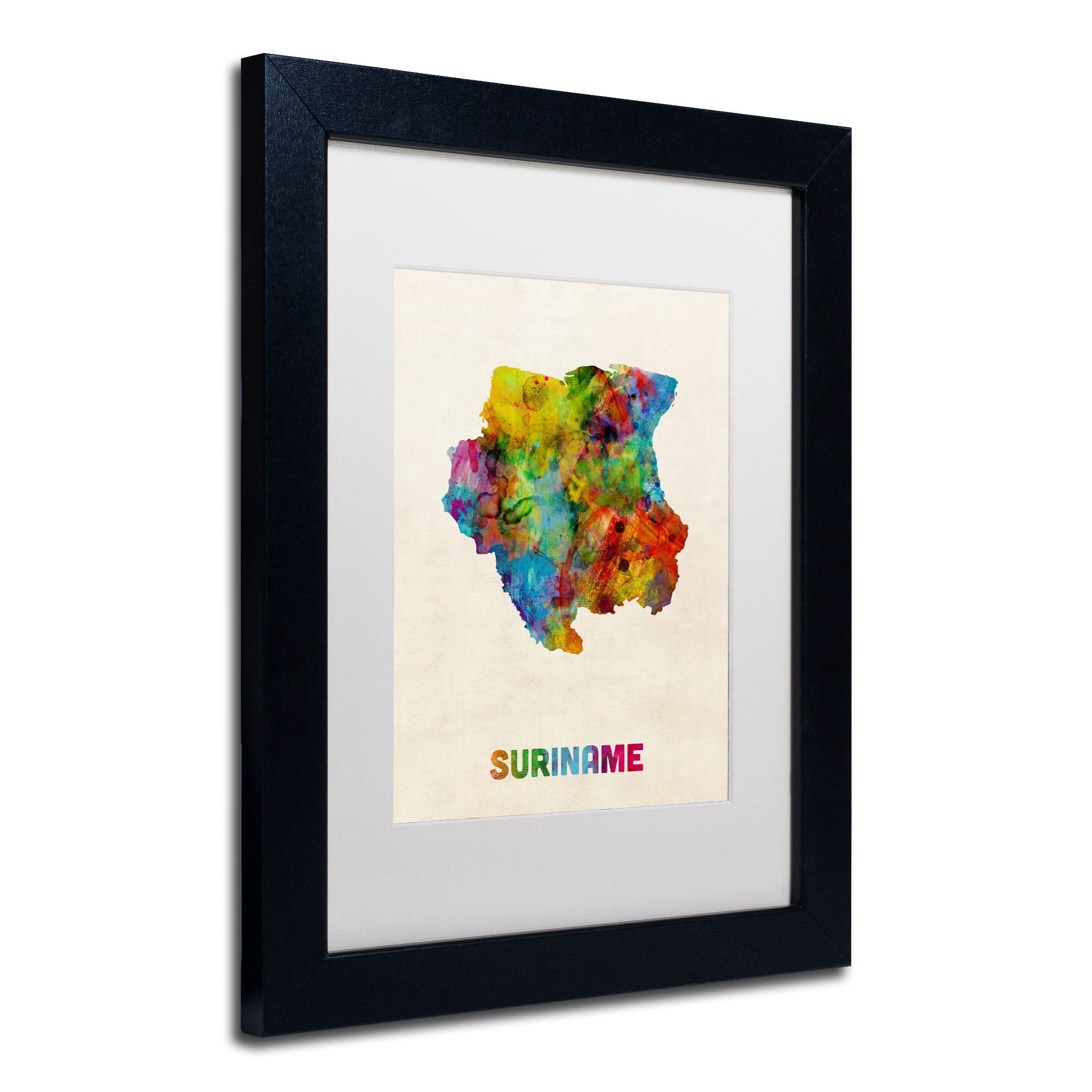 Trademark Fine Art "Suriname Watercolor Map" Canvas Art by Michael Tompsett White Matte, Black Frame