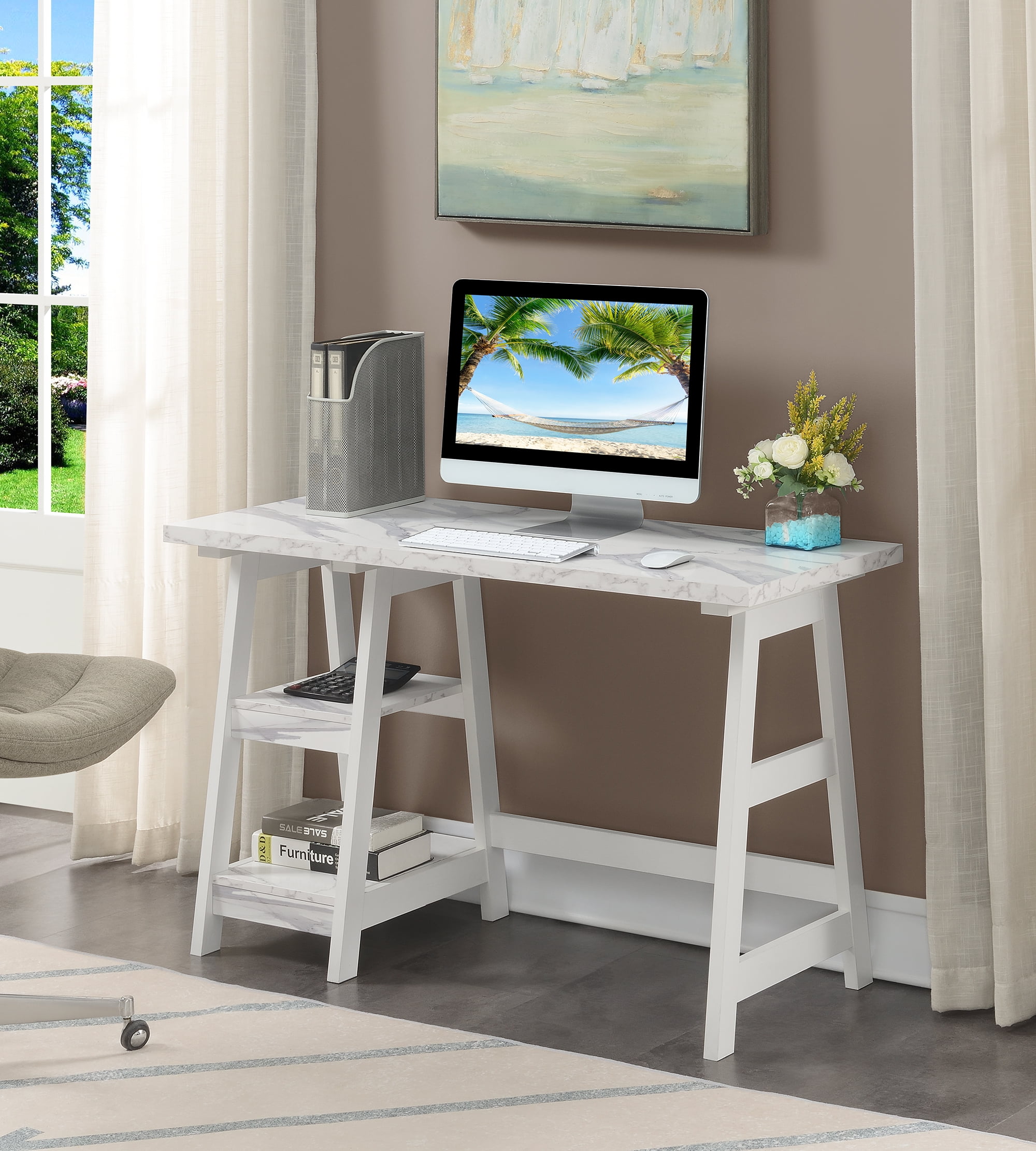 BRIGHTMOOM Designs2Go Trestle Desk with Shelves, White Marble/White