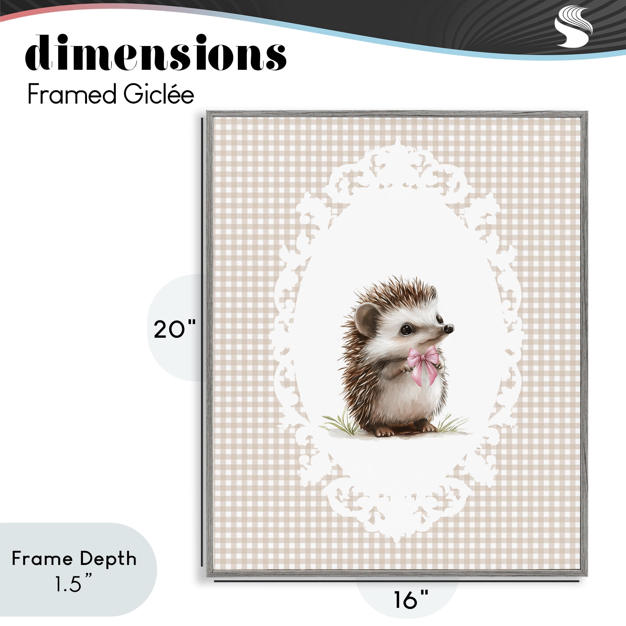 Stupell Industries Vintage Bow Hedgehog on Gingham Gray Framed Giclee Art, design by Christine Simpson Art