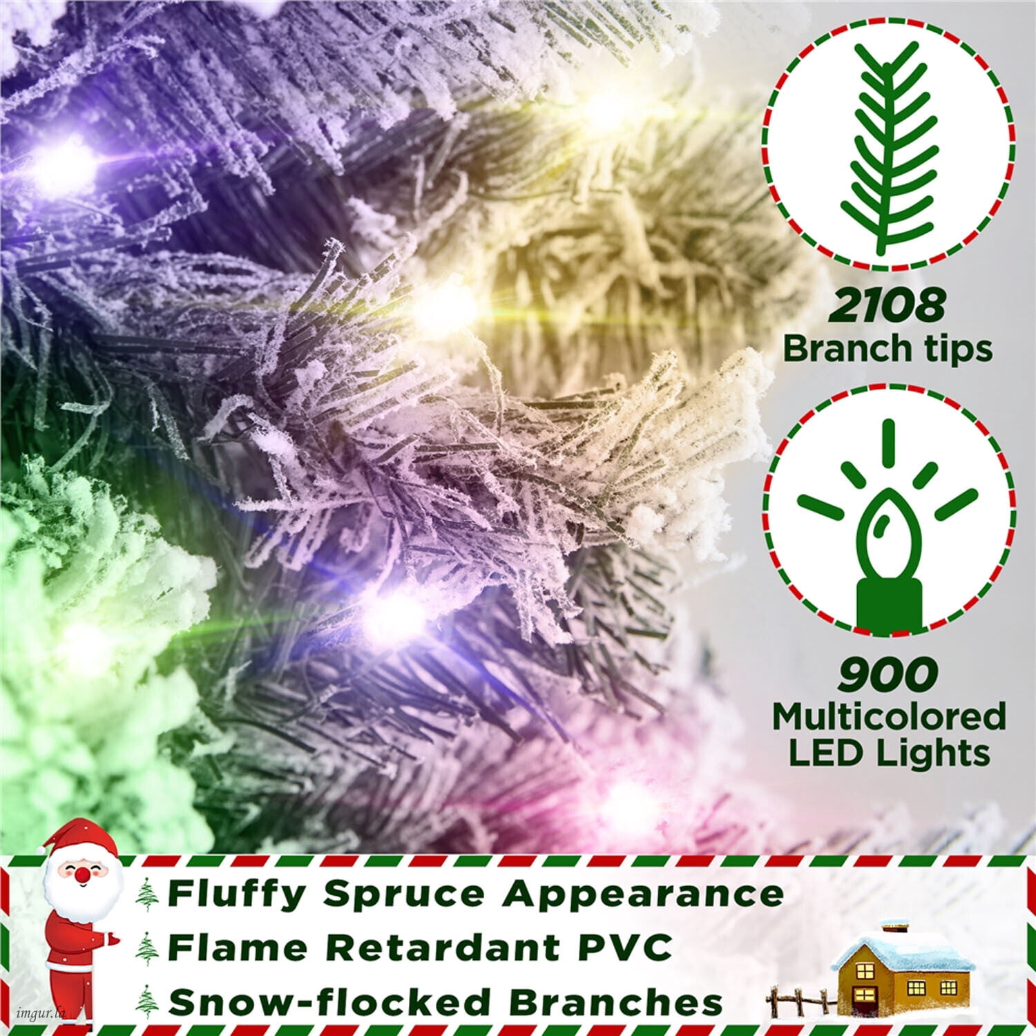 Alden Design 9FT Artificial Pre-lit Flocked Christmas Tree Hinged Fir Xmas Tree with Foldable Stand and LED Lights,Green & White